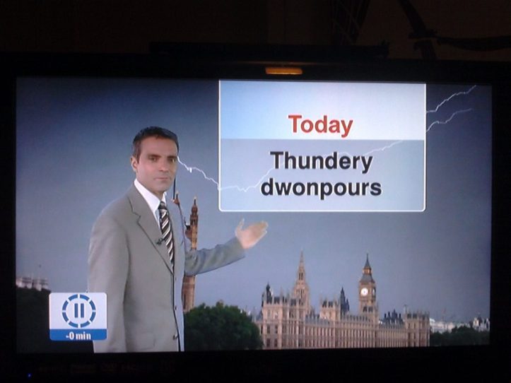 Image, Weather forecast reading 'Thundery dwonpours'.